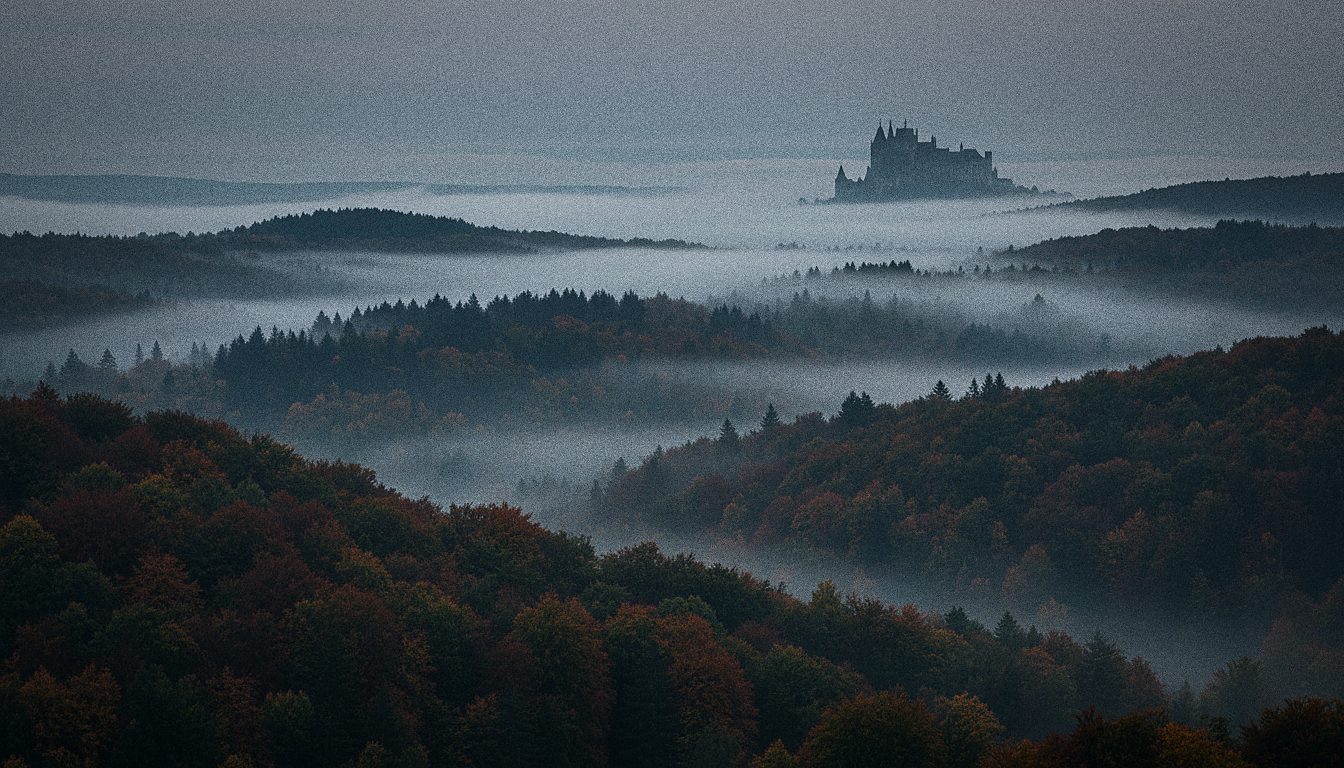 Misty forested hills of the Romanian Carpathians at dusk with a distant castle silhouette